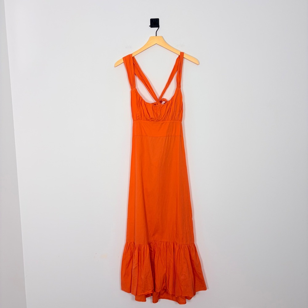 Free People Laila Coral Orange Tie Back Bow Detail Scoop Neck Midi Dress Small - Picture 2 of 9